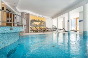 Indoor pool, outdoor pool, open 9:00 AM to 8:00 PM, pool umbrellas