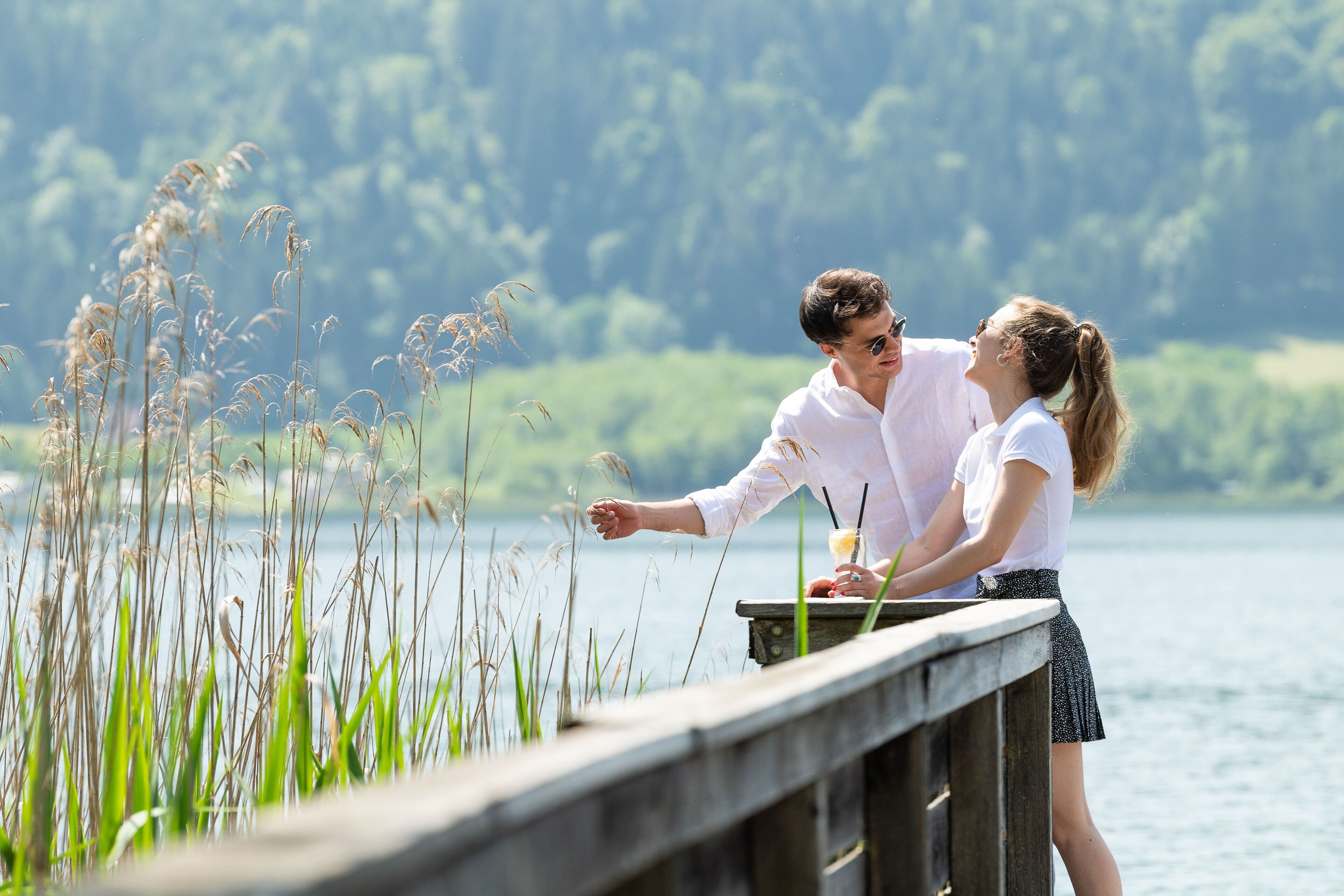A wooden dock extending over a body of water with tall grasses in the foreground.