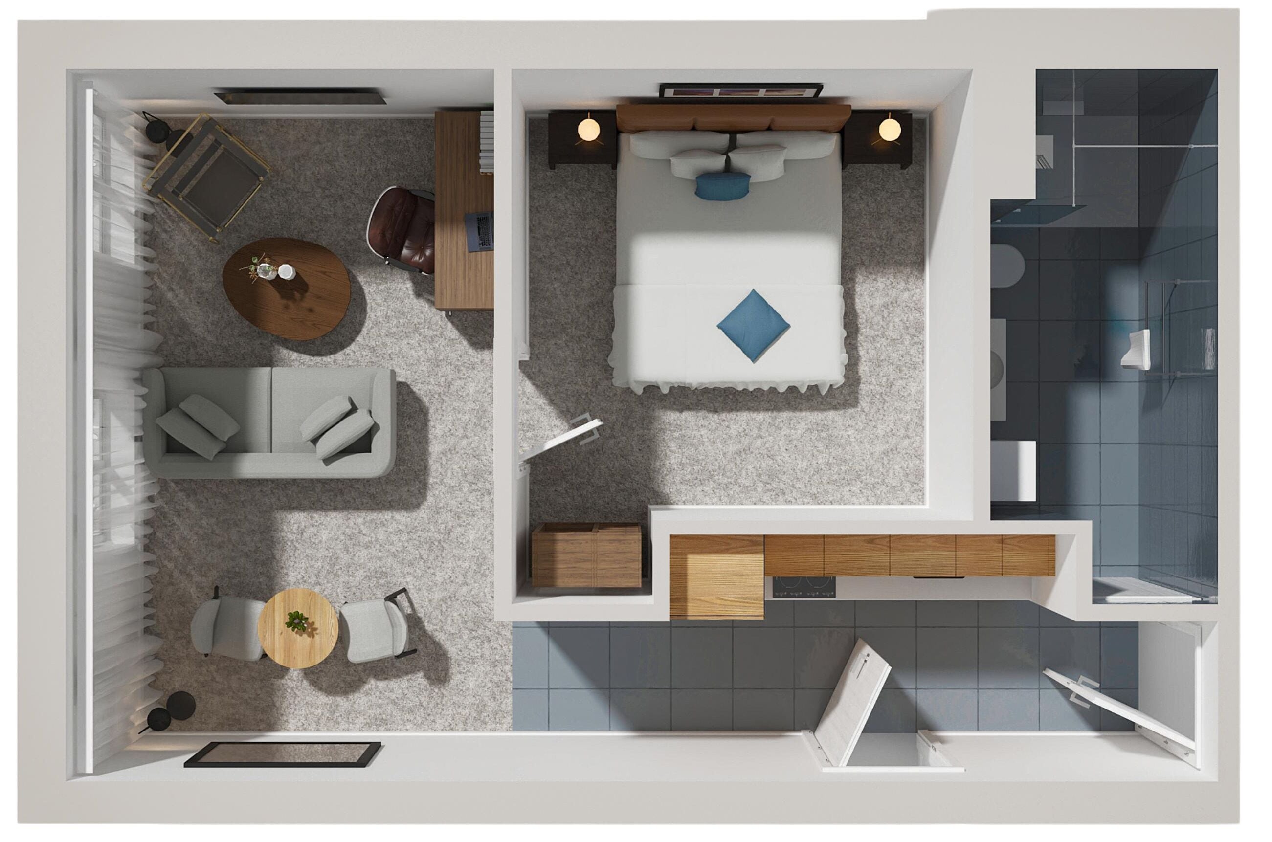 Un appartement moderne comprenant un espace de vie, une chambre et une salle de bain.