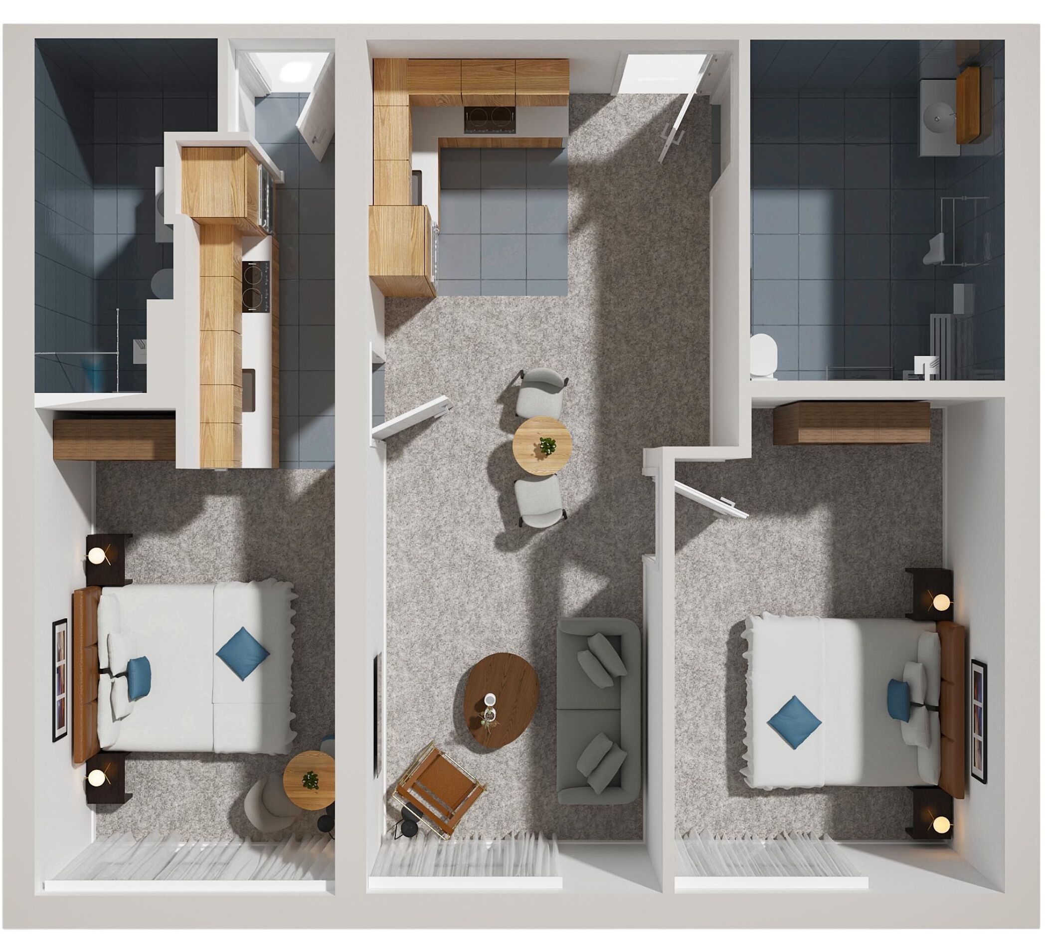Distribución moderna de un apartamento con sala de estar, cocina y baño.