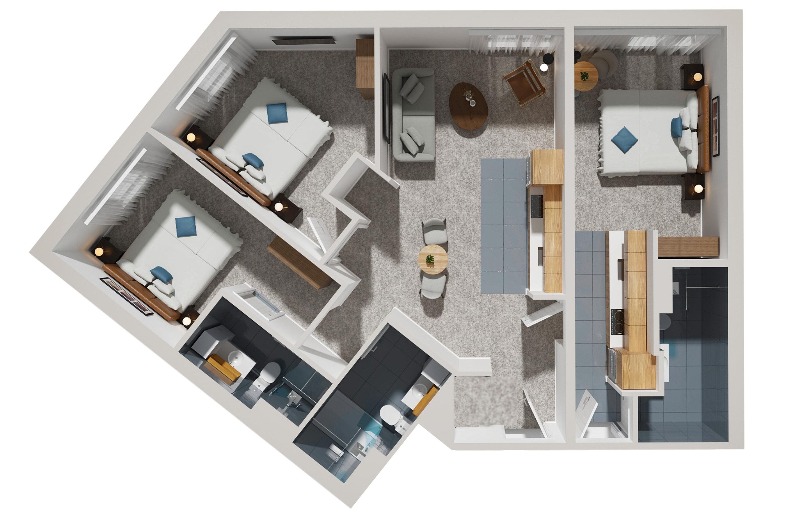 Plano de planta en 3D de una habitación de hotel con cama, dos zonas de estar, un baño y una kitchenette.