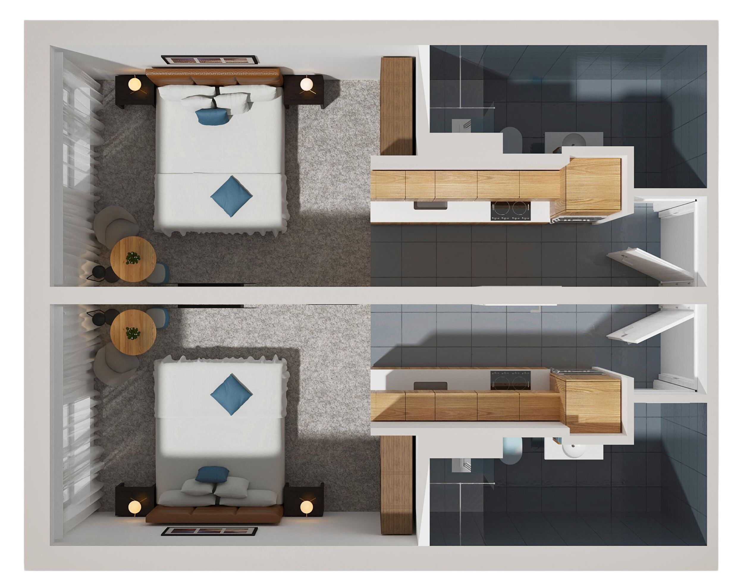Een moderne hotelkamer met een bed, nachtkastje en een zithoekje met een tafel en stoelen.