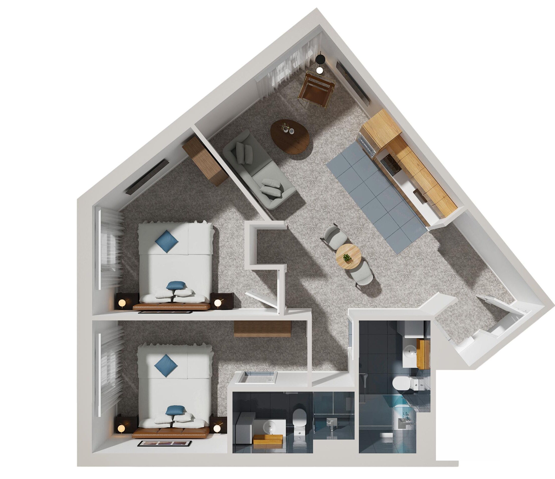 A 3D floor plan of a modern apartment with a living room, two bedrooms, a bathroom, and a kitchen.
