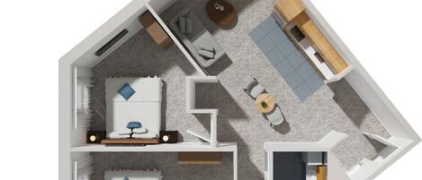 A 3D floor plan of a modern apartment with a living room, two bedrooms, a bathroom, and a kitchen.