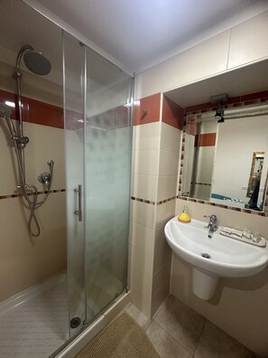 Chuveiro, secador de cabelo, toalhas de banho, sabonete