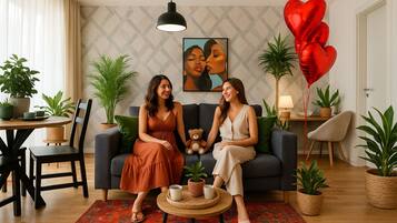 Apartamento premium | Área de estar | Smart TV 55 cm com canais digitais, Netflix, serviços de streaming