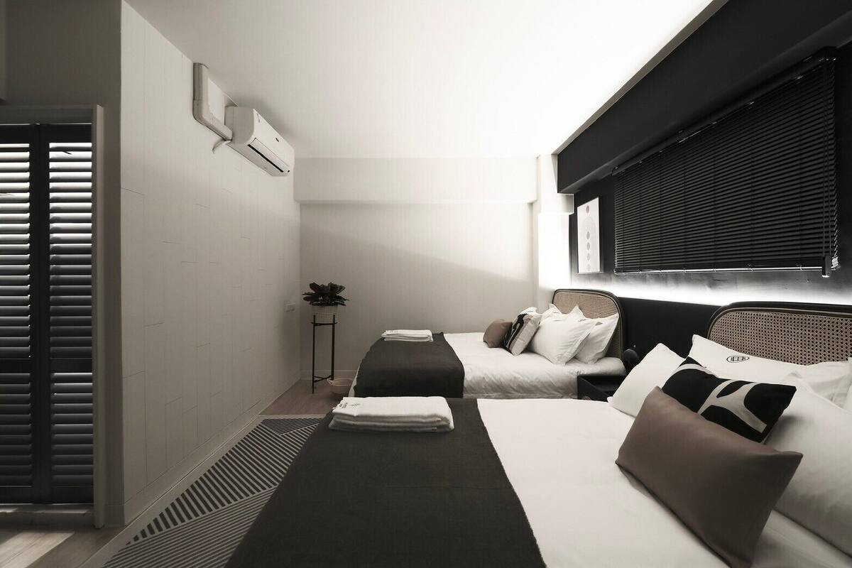 A compact hotel room with a bed, bedside table, and a small plant.