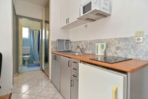 Fridge, microwave, stovetop, cookware/dishes/utensils - Holiday apartment with air conditioning (Štinjan)