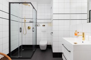 Shower, towels, toilet paper