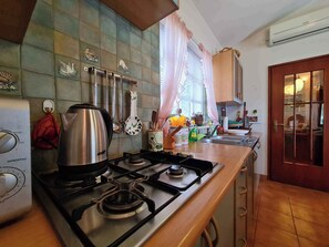 Fridge, oven, stovetop, cookware/dishes/utensils