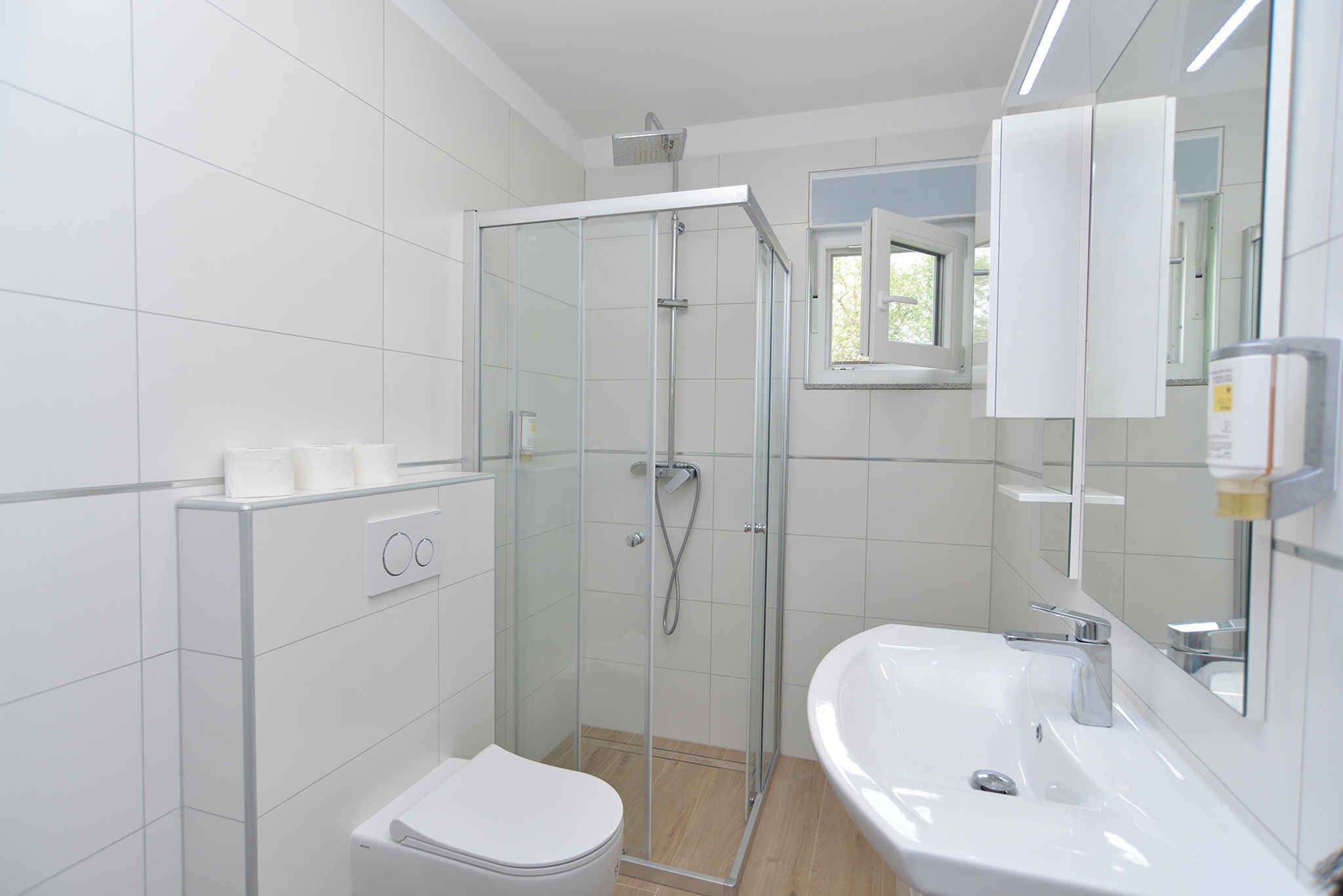 Une salle de bain moderne avec une douche à parois de verre, des toilettes blanches et un lavabo avec un miroir.