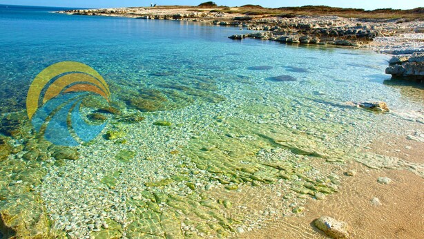 A clear coastal beach with visible pebbles and rocks, a sandy shore, and a distant rocky coastline. - Holiday apartment with air conditioning (Premantura)