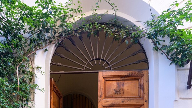 Une porte en bois dotée d’une poignée en laiton, encadrée par un portail en arc de cercle.