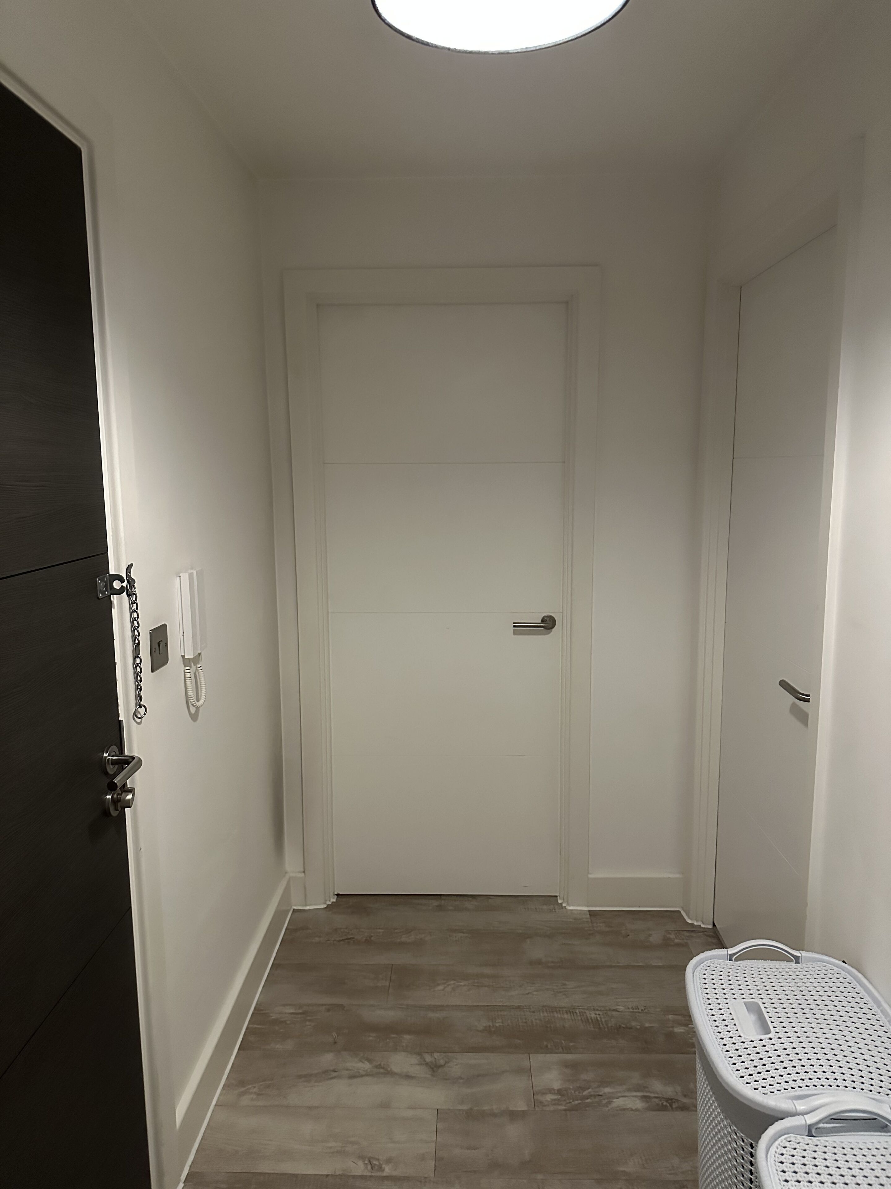 A narrow hallway with a wooden floor, white walls, and a closed door at the end.