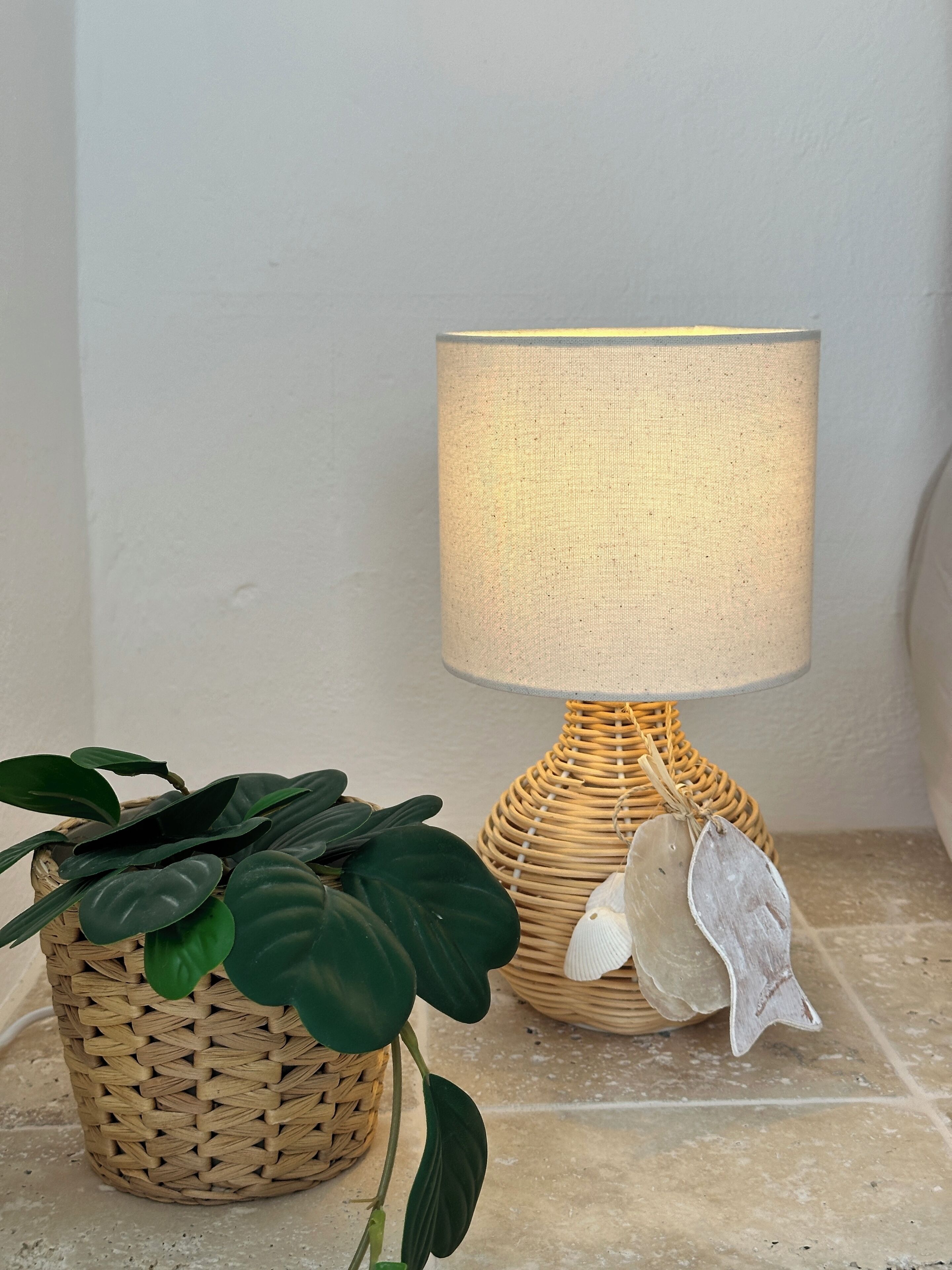 En lampa av rotting med en lampskärm som har en intressant yta, och en krukväxt med stora blad placerad bredvid.