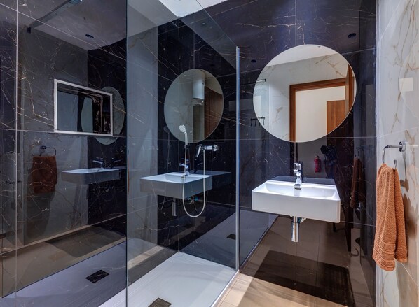 Shower, hair dryer, towels