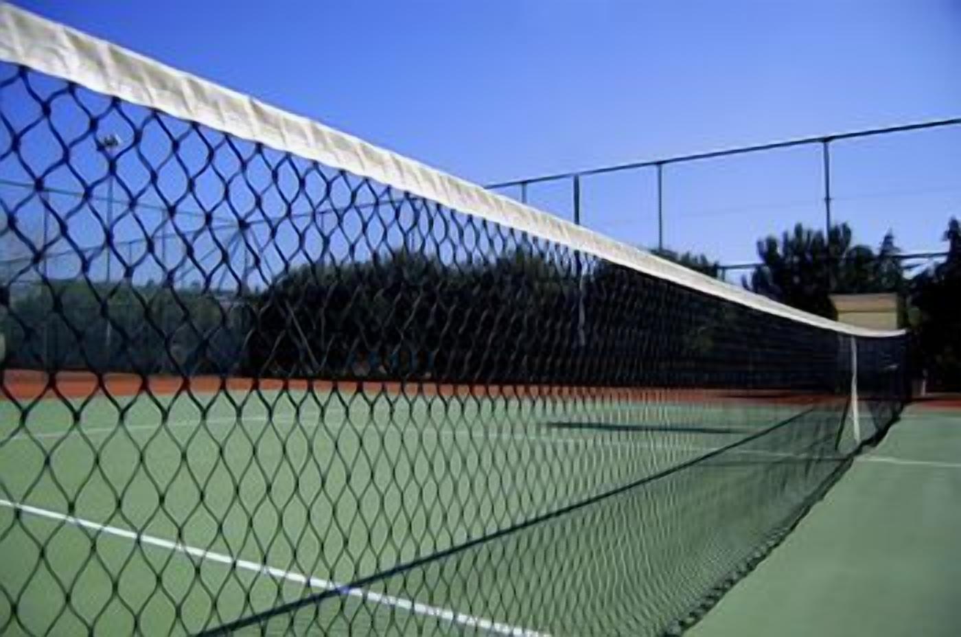 A tennis court with a net in the foreground.