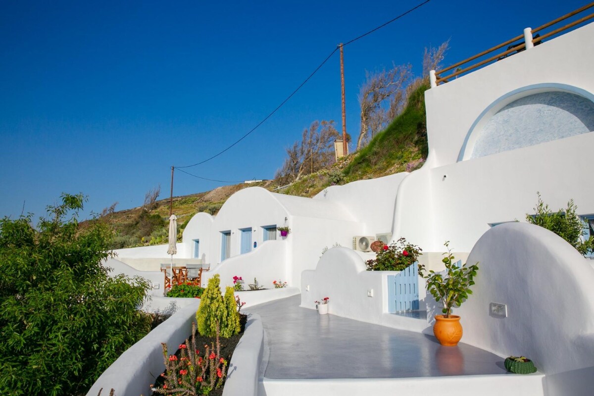 Un bâtiment blanc agrémenté de touches de bleu, doté d’un toit incurvé et d’un petit jardin avec des plantes en pot.