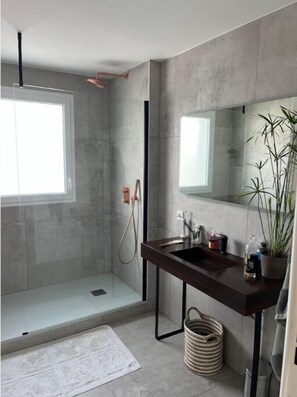 Regadera, toallas, jabón, shampoo