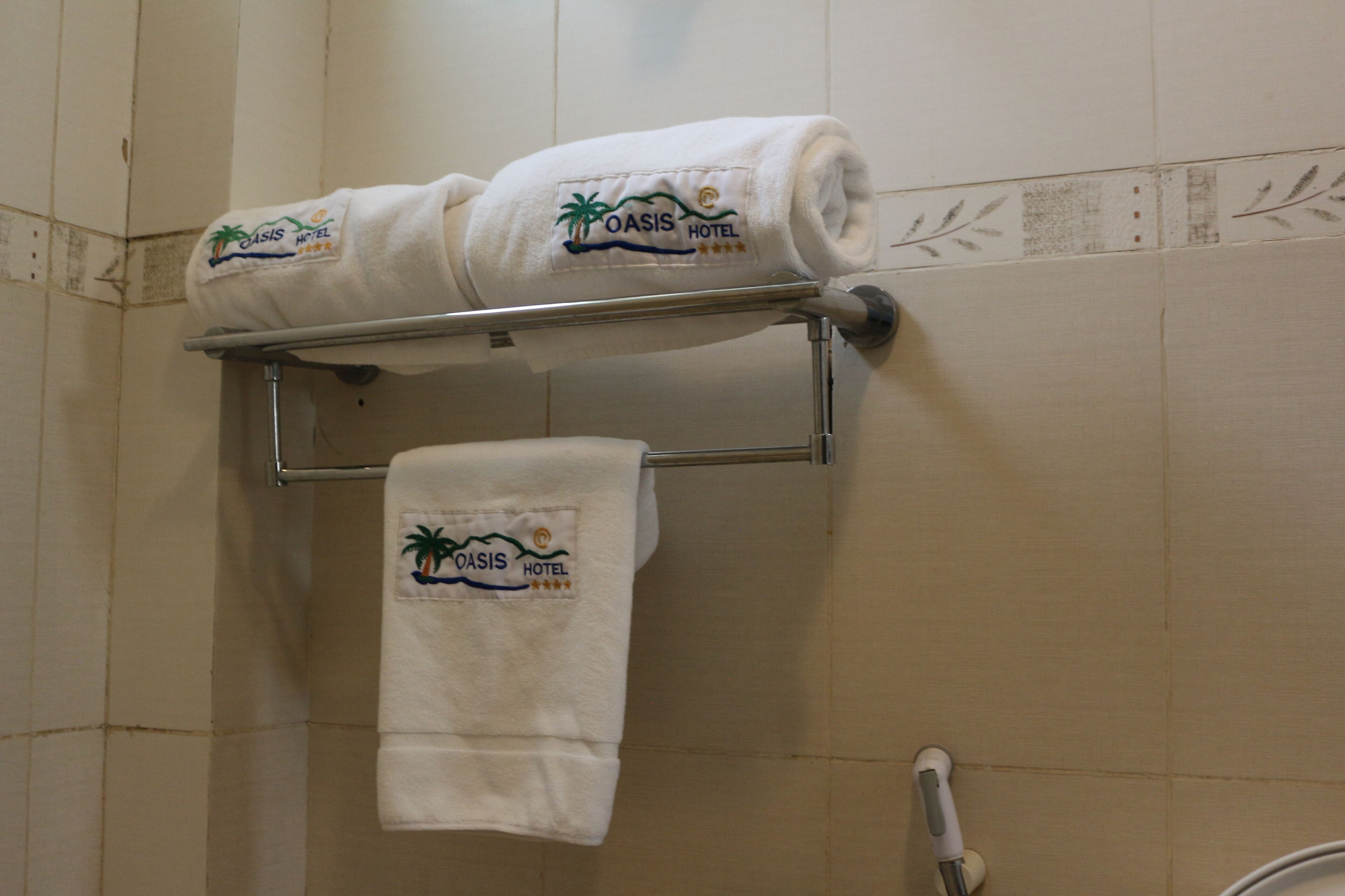 Rainfall showerhead, hair dryer, bathrobes, towels