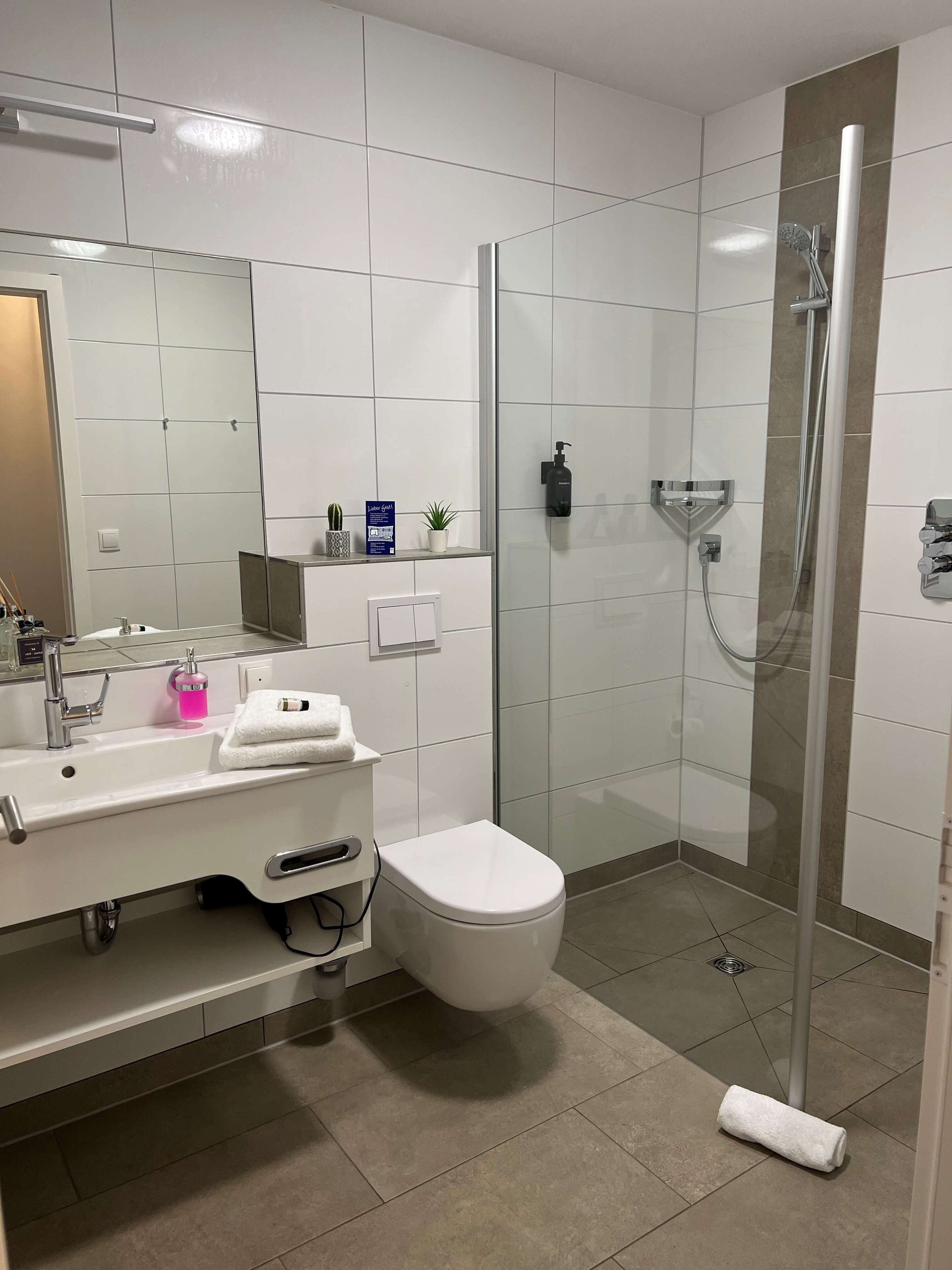 A modern bathroom with a glass-enclosed shower, a white sink with a mirror, and a toilet.