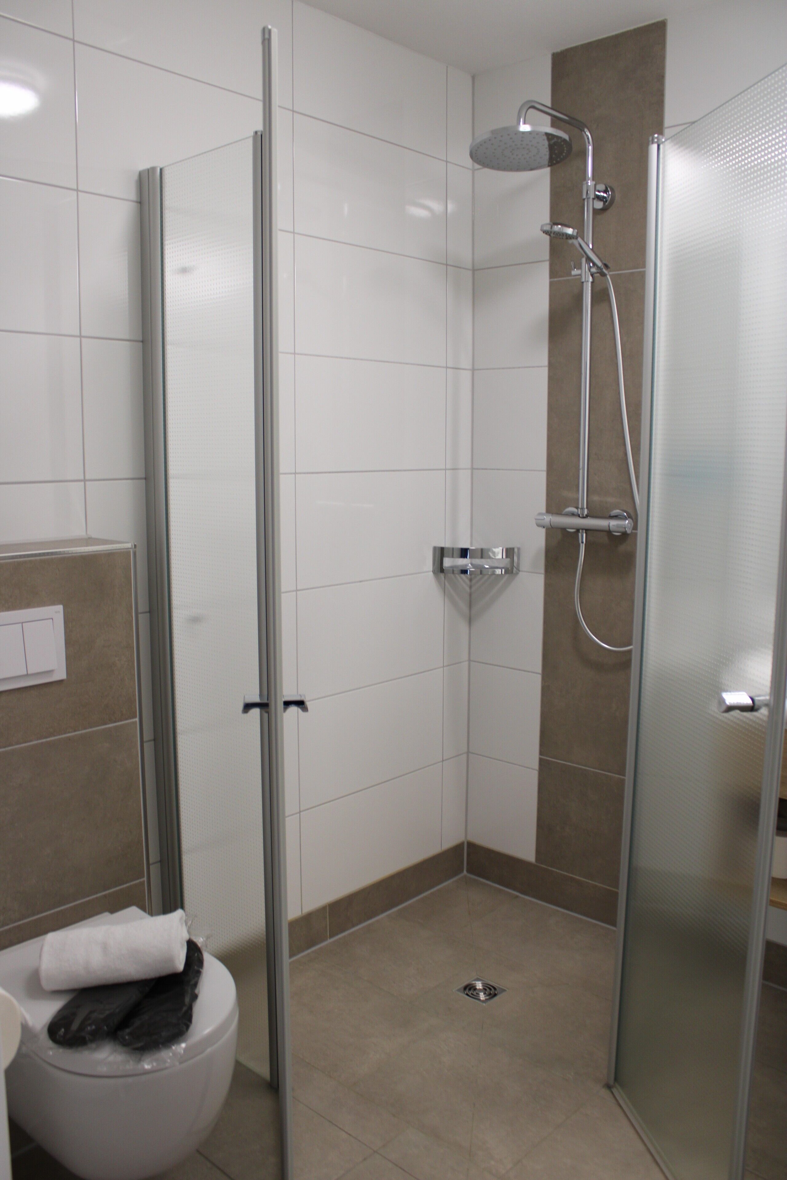 A modern bathroom with a glass-enclosed shower, a toilet, and a towel rack.