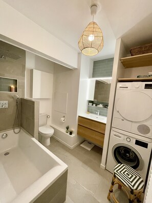 Hair dryer, towels, soap, toilet paper
