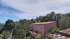 Un edificio rosa con tejado de baldosas, rodeado de follaje y árboles.