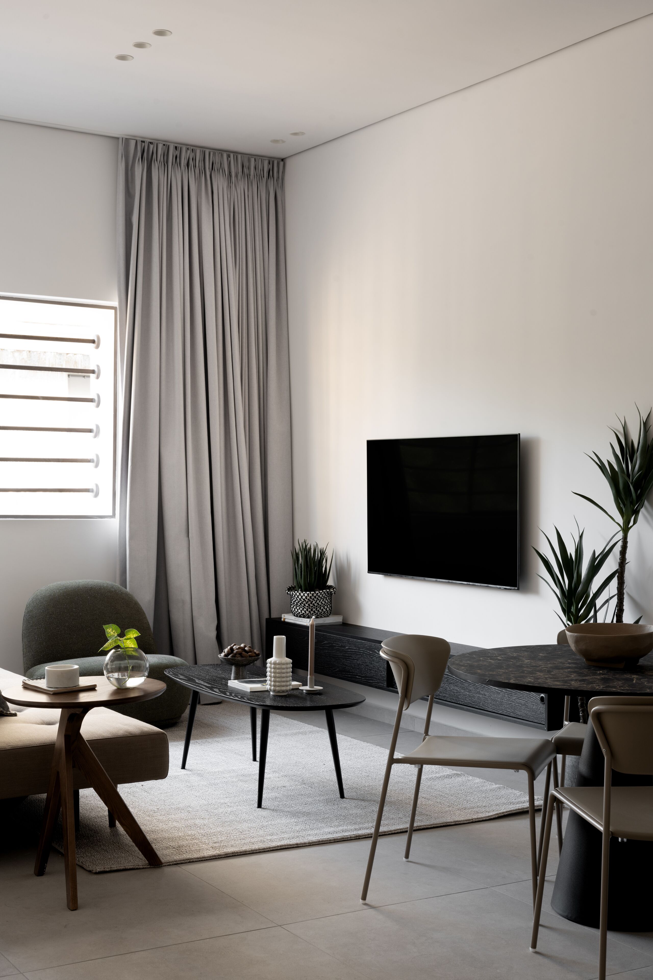 A modern living room with a flat-screen TV mounted on the wall, a comfortable seating area with a sofa and chairs, a coffee table, and a potted plant.