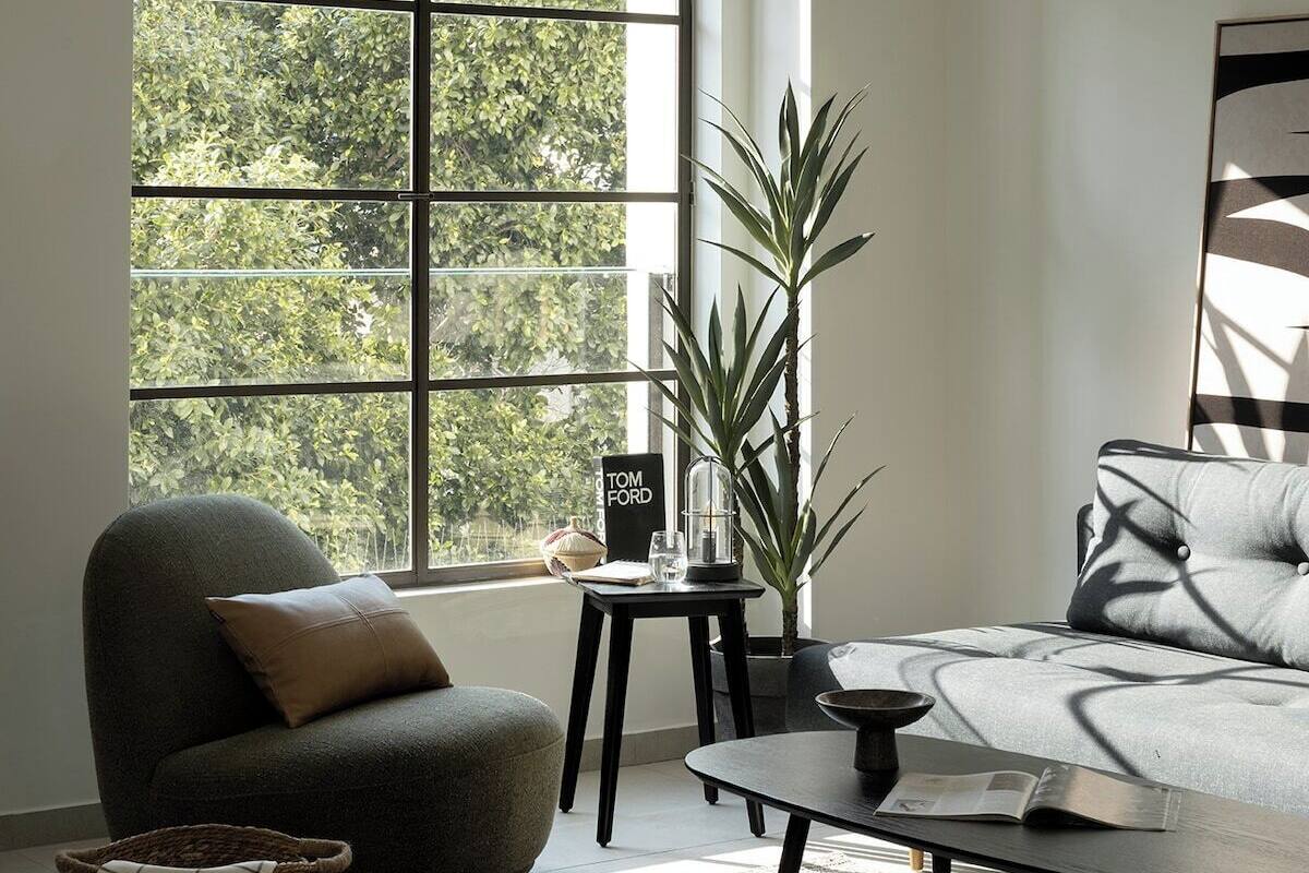 Una sala de estar moderna con un ventanal grande, un sofá, una mesita de centro y una planta en maceta.