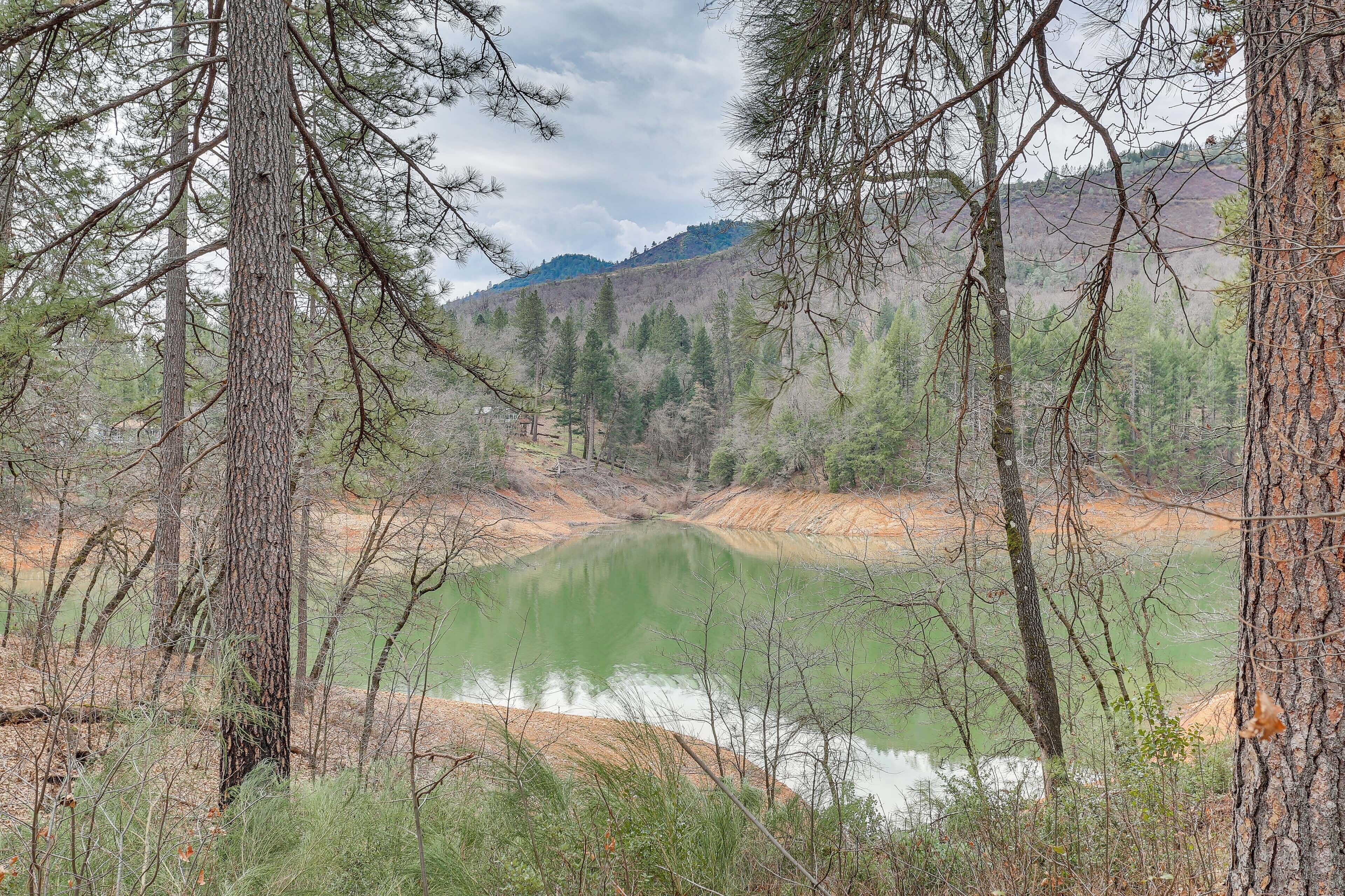 Un paisaje natural con un lago rodeado de árboles y colinas.