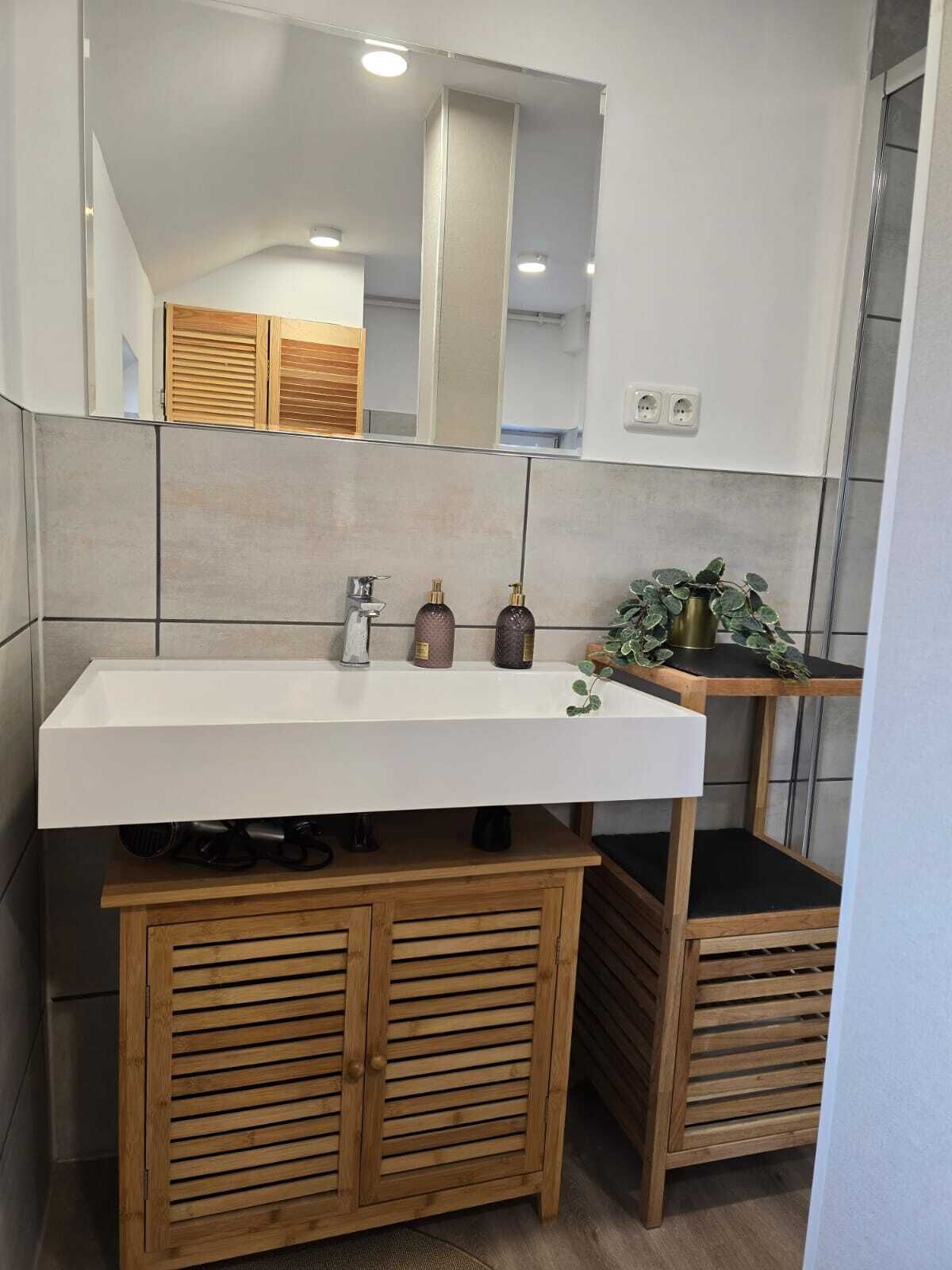 A bathroom with a white sink, wooden cabinets, a mirror, and a potted plant.