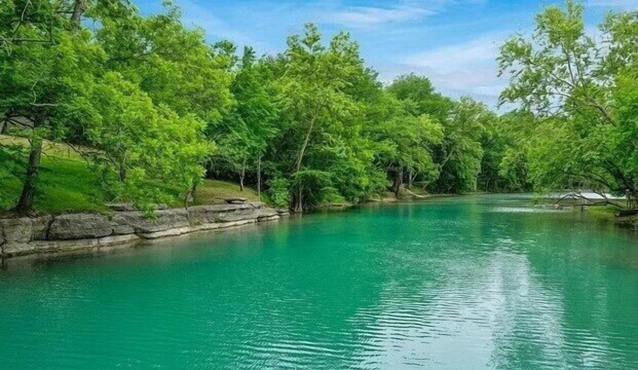 Une rivière paisible, bordée d’une végétation luxuriante et d’une berge en pierre.