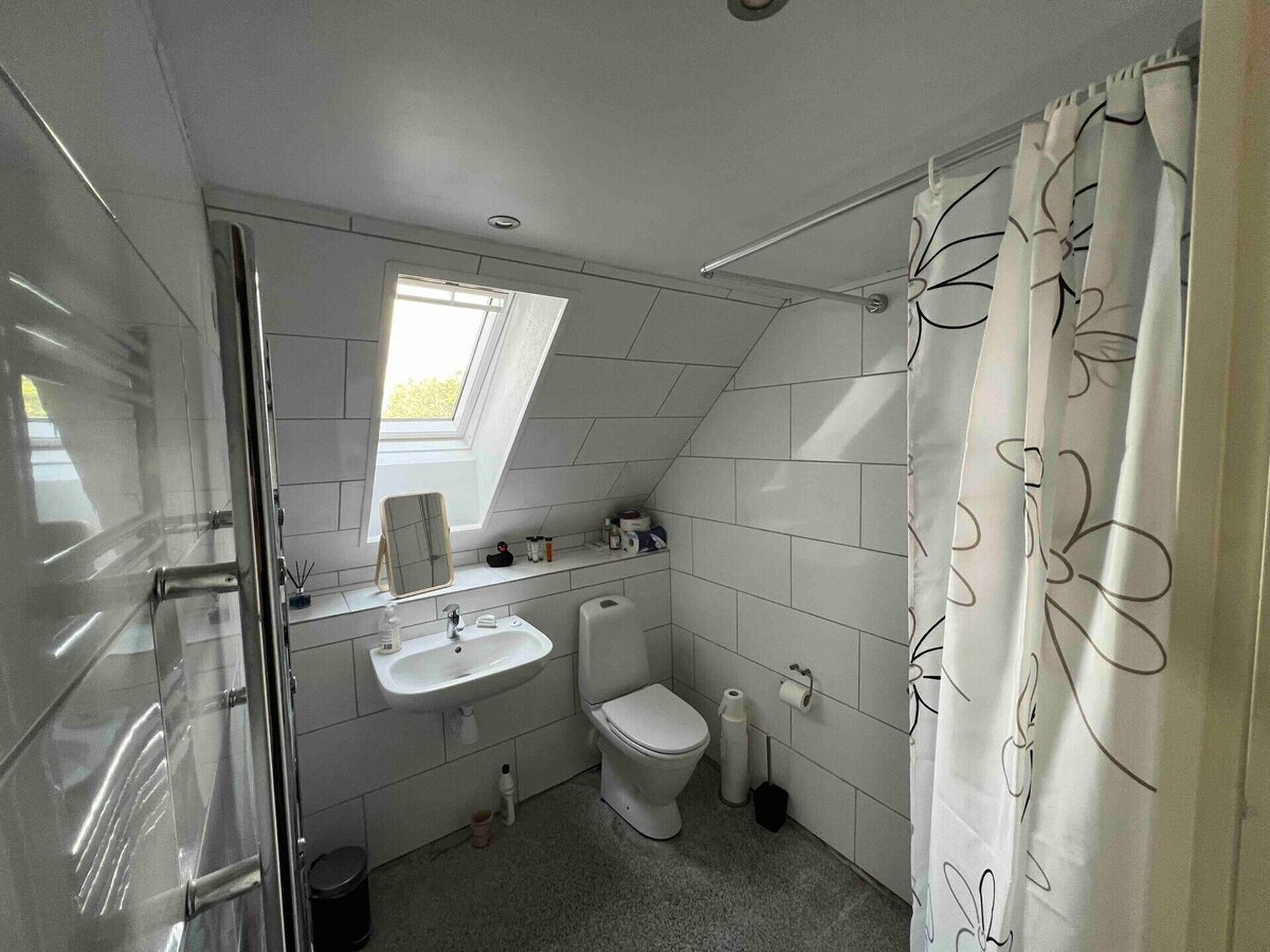 A compact, modern bathroom with a skylight, a glass shower enclosure, and a white sink.