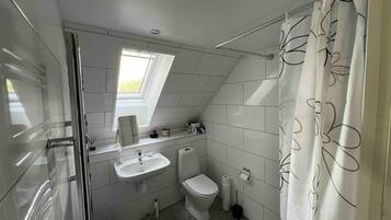 A compact, modern bathroom with a skylight, a glass shower enclosure, and a white sink.