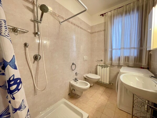 A bathroom with a shower, toilet, bidet, and sink.
