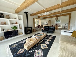 Télévision, cheminée, chaîne hi-fi