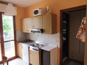 Kühlschrank, Mikrowelle, Herdplatte, Kochgeschirr/Geschirr/Besteck