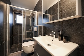 Shower, hair dryer, towels, soap