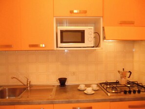 Kühlschrank, Mikrowelle, Herdplatte, Kochgeschirr/Geschirr/Besteck