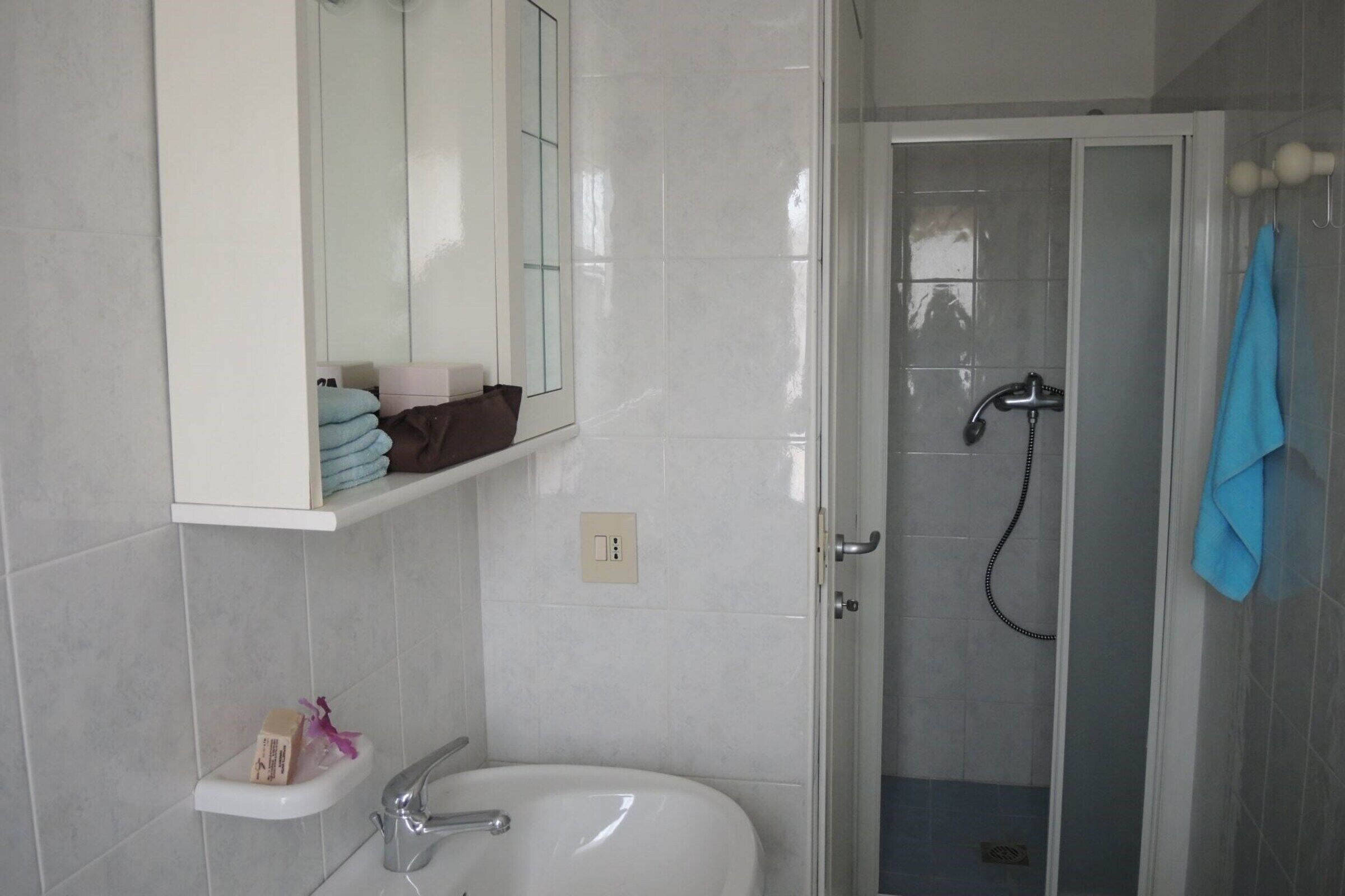 A bathroom with a white sink, a mirror above it, a shower area with a glass door, and a towel hanging on the wall.