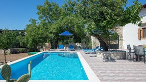Una piscina rettangolare con piastrelle blu, circondata da un patio lastricato con lettini e un grande albero che offre ombra.