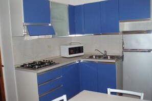 Fridge, microwave, stovetop, cookware/dishes/utensils