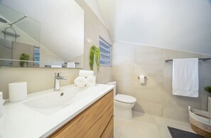 Hair dryer, towels, soap, toilet paper