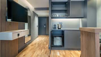 Mini-fridge, espresso maker, electric kettle