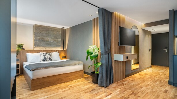 A modern bedroom with a wooden bed, a large mirror, a flat-screen TV, and a potted plant. - Urban Quarters - Gülhane (Istanbul)