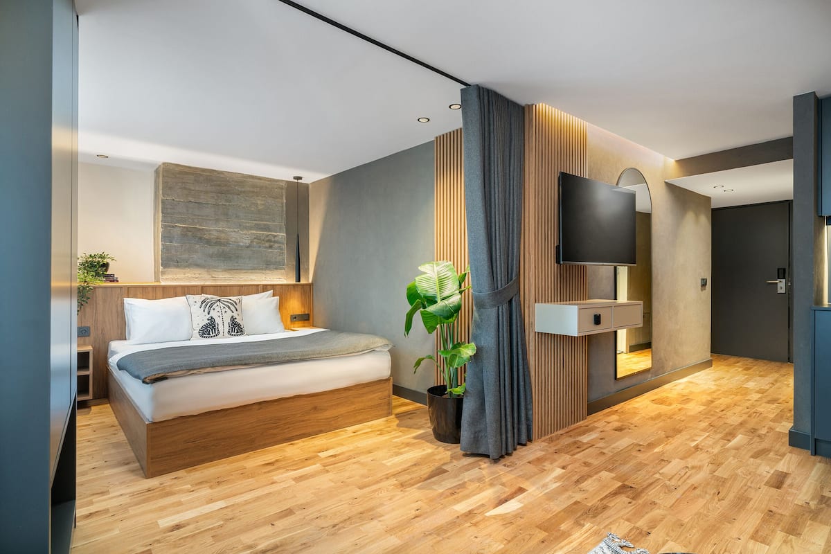 A modern bedroom with a wooden bed, a large mirror, a flat-screen TV, and a potted plant.