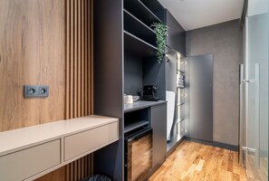 Mini-fridge, espresso maker, electric kettle