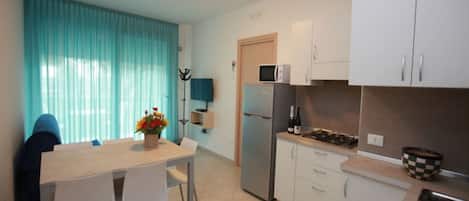 Fridge, microwave, stovetop, cookware/dishes/utensils