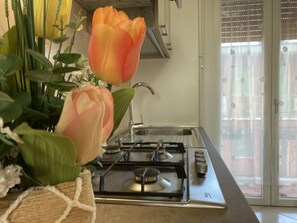 ثلاجة، ميكروويف، موقد طهي مسطح، مستلزمات طهي/أطباق/أوعية